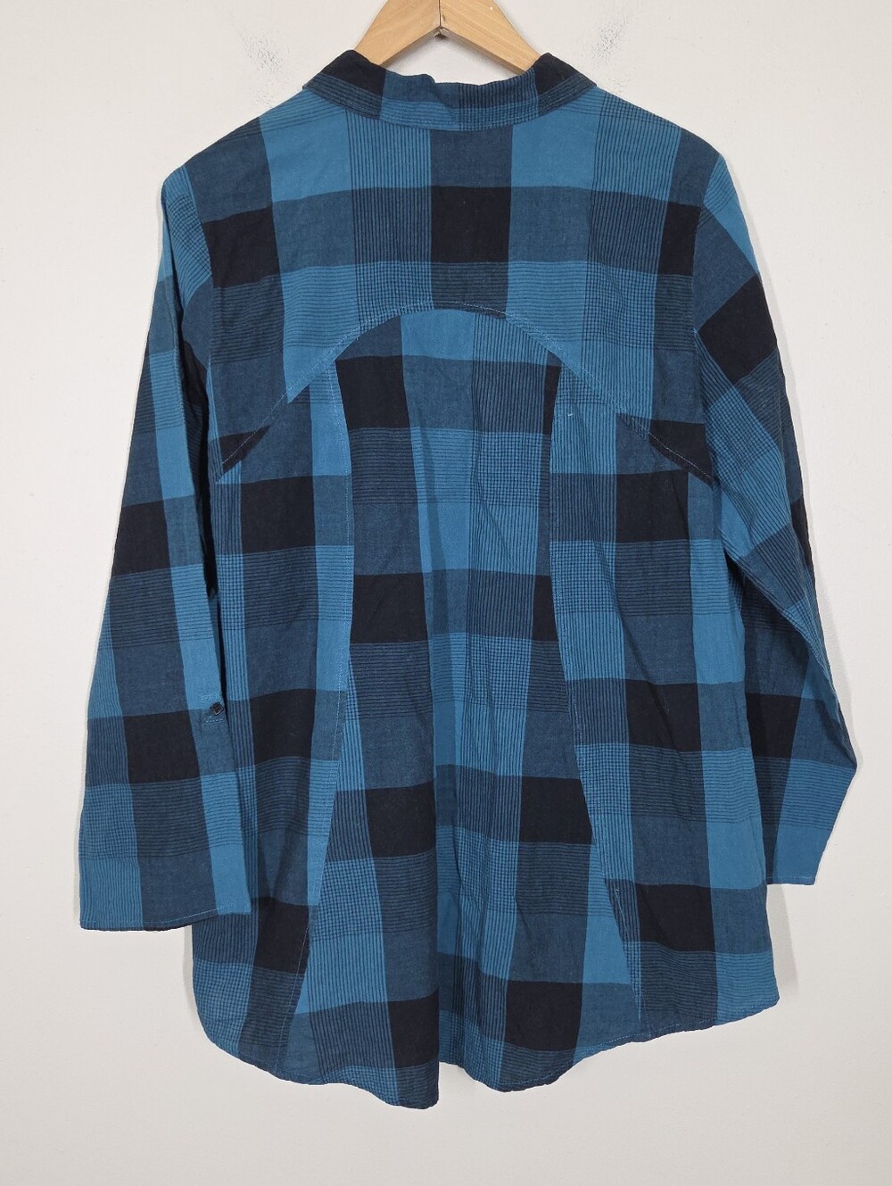 Habitat Cotton Blend Blue Plaid Button Up Large Boho Minimalist Lagenlook - Picture 7 of 10